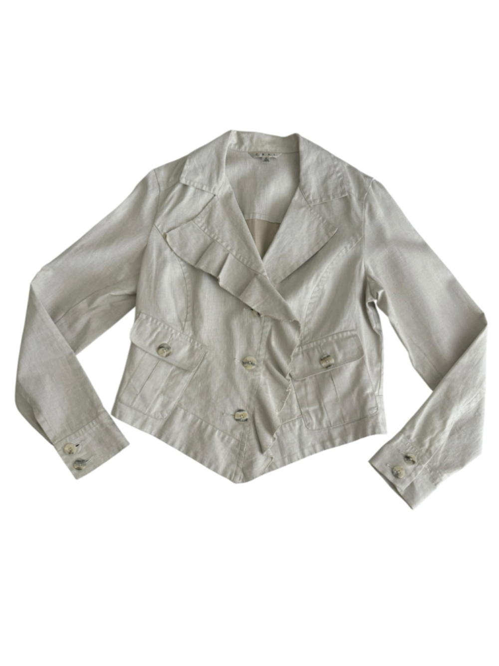 Women's CAbi Beige Linen Ruffle Up Blazer Jacket Medium